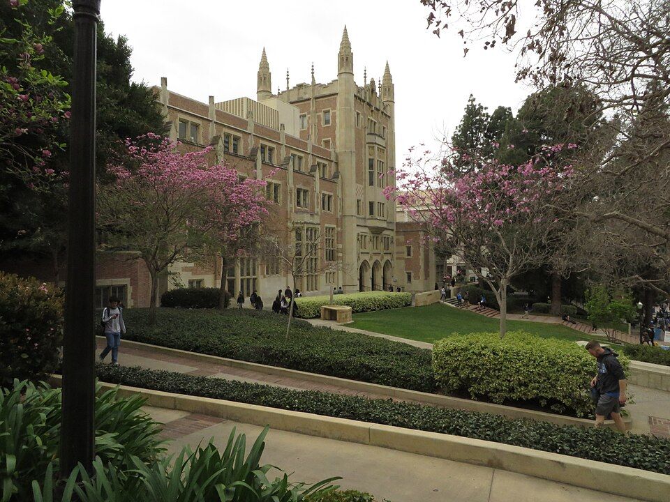 꽃나무 사이의 UCLA 커코프 홀